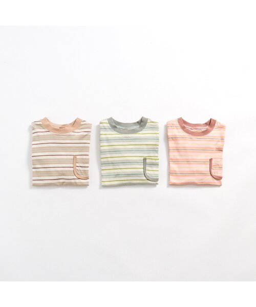 p.premier（ピードットプルミエ）の「先染めボーダーポケット長袖Tシャツ（Tシャツ/カットソー・キッズ・ピンク/ベージュ/ミント・80/90/100/110/120/130/140）」の5枚目の写真