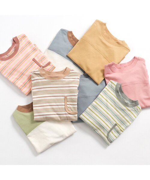 p.premier（ピードットプルミエ）の「先染めボーダーポケット長袖Tシャツ（Tシャツ/カットソー・キッズ・ピンク/ベージュ/ミント・80/90/100/110/120/130/140）」の6枚目の写真