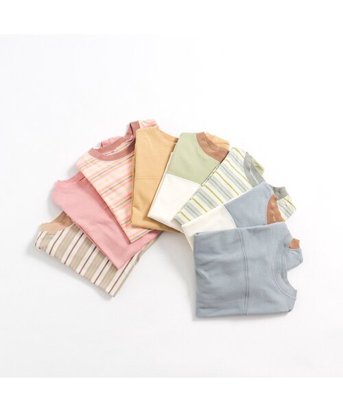 p.premier（ピードットプルミエ）の「先染めボーダーポケット長袖Tシャツ（Tシャツ/カットソー・キッズ・ピンク/ベージュ/ミント・80/90/100/110/120/130/140）」の7枚目の写真