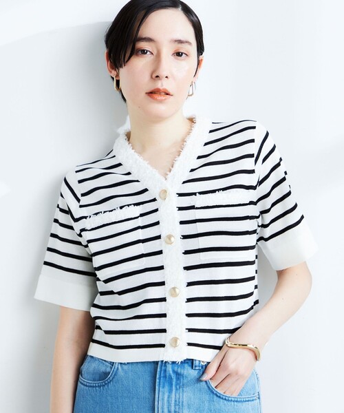 NOLLEY’S(ノーリーズ)の「《手洗い可能》フワシャギーVネック5分袖ニットジャケット(カーディガン/ボレロ・レディース・レッド/ネイビー/ホワイト系その他4/オフホワイト・38)」の3枚目の写真