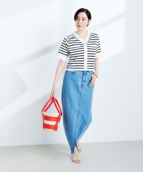 NOLLEY’S(ノーリーズ)の「《手洗い可能》フワシャギーVネック5分袖ニットジャケット(カーディガン/ボレロ・レディース・レッド/ネイビー/ホワイト系その他4/オフホワイト・38)」の5枚目の写真