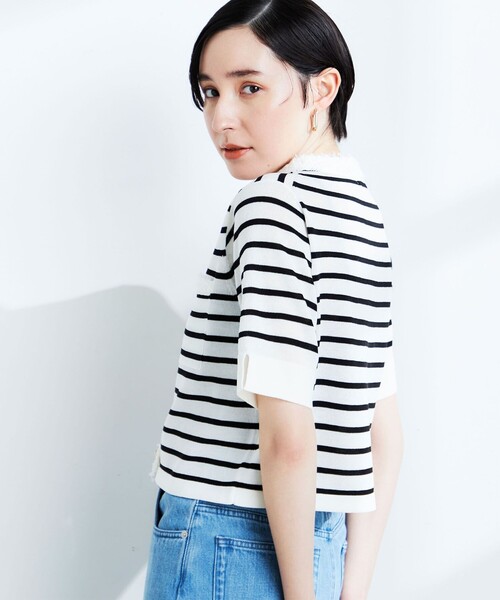 NOLLEY’S(ノーリーズ)の「《手洗い可能》フワシャギーVネック5分袖ニットジャケット(カーディガン/ボレロ・レディース・レッド/ネイビー/ホワイト系その他4/オフホワイト・38)」の9枚目の写真