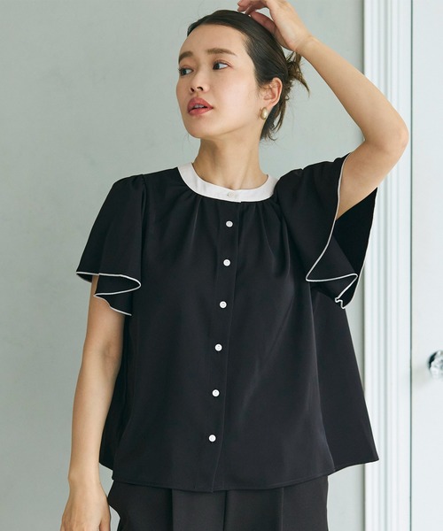 coca(coca)(コカ)の「配色ラッフルスリーブブラウス/UVカット/防シワ/イージーケア(シャツ/ブラウス・レディース・ブラック/ホワイト・M/L)」の8枚目の写真