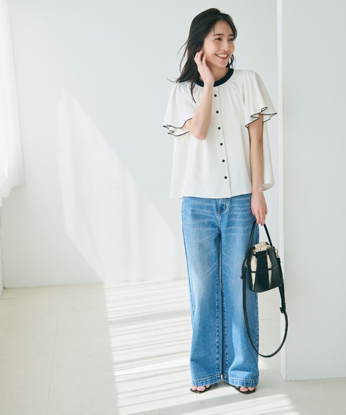 coca(coca)(コカ)の「配色ラッフルスリーブブラウス/UVカット/防シワ/イージーケア(シャツ/ブラウス・レディース・ブラック/ホワイト・M/L)」の5枚目の写真