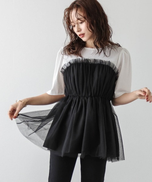 SUGAR BISKET（シュガービスケット）の「チュールドッキングTシャツ（Tシャツ/カットソー・レディース・ホワイト×ブラック/ホワイト×グレー/ブラック×ブラック・フリー）」の2枚目の写真