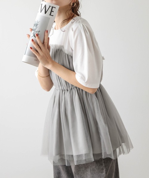 SUGAR BISKET（シュガービスケット）の「チュールドッキングTシャツ（Tシャツ/カットソー・レディース・ホワイト×ブラック/ホワイト×グレー/ブラック×ブラック・フリー）」の3枚目の写真