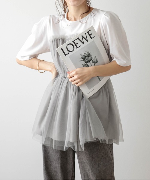 SUGAR BISKET（シュガービスケット）の「チュールドッキングTシャツ（Tシャツ/カットソー・レディース・ホワイト×ブラック/ホワイト×グレー/ブラック×ブラック・フリー）」の6枚目の写真