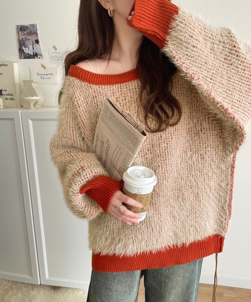 鼻セレブSTONE  フード付きニットセーター 赤 WESTSEA（ウエストシー） セーター ニット フェザーヤーン