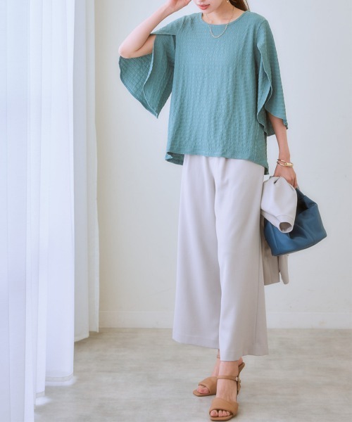 7days Life Styling（セブンデイズライフスタイリング）の「肌離れのよいポコポコ素材フレアスリーブトップス（Tシャツ/カットソー・レディース・アイボリー/グリーン/チャコール・M/L/LL）」の9枚目の写真