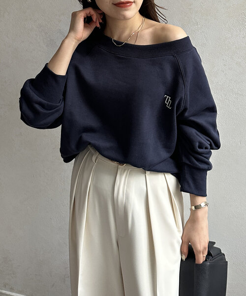 CLORE+ ボートネックオーバーT【ブラック】 ボートネック刺繍ロゴプルオーバー(Tシャツ/カットソー