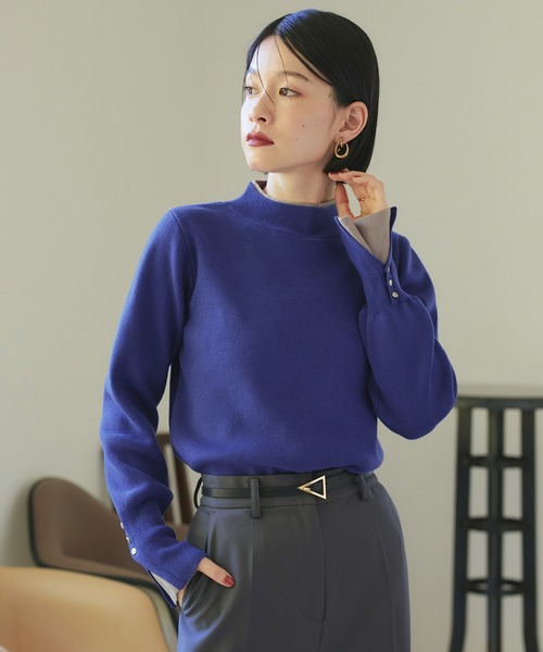 RUIRUE BOUTIQUE(ルイルエブティック)の「洗える | アンチピリング バイカラー ニット | 長袖 ニットトップス 体型カバー フリル袖 プチハイネック オフィスカジュアル 通勤服 お手入れ簡単 プルオーバー セーター(ニット/セーター・レディース・アイボリー/ブラック/ブルー/ピンク/イエロー・L/M)」の16枚目の写真