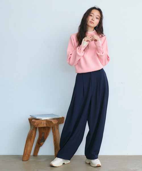 RUIRUE BOUTIQUE(ルイルエブティック)の「洗える | アンチピリング バイカラー ニット | 長袖 ニットトップス 体型カバー フリル袖 プチハイネック オフィスカジュアル 通勤服 お手入れ簡単 プルオーバー セーター(ニット/セーター・レディース・アイボリー/ブラック/ブルー/ピンク/イエロー・L/M)」の14枚目の写真