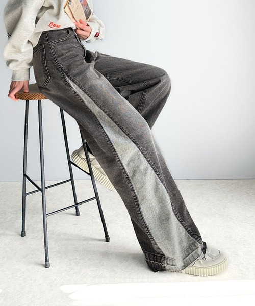 classicalelf（クラシカルエルフ）の「環境に優しいサステナブル素材。綿100％サイド切替ハイウエストワイドストレートデニムパンツ（デニムパンツ・レディース・オレンジ系その他/ブルー/ブラック・SMALL/MEDIUM/LARGE/X-LARGE）」の2枚目の写真