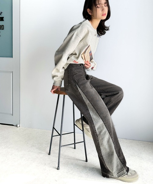 classicalelf（クラシカルエルフ）の「環境に優しいサステナブル素材。綿100％サイド切替ハイウエストワイドストレートデニムパンツ（デニムパンツ・レディース・オレンジ系その他/ブルー/ブラック・SMALL/MEDIUM/LARGE/X-LARGE）」の4枚目の写真