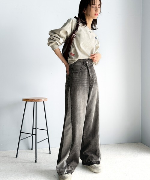 classicalelf（クラシカルエルフ）の「環境に優しいサステナブル素材。綿100％サイド切替ハイウエストワイドストレートデニムパンツ（デニムパンツ・レディース・オレンジ系その他/ブルー/ブラック・SMALL/MEDIUM/LARGE/X-LARGE）」の6枚目の写真