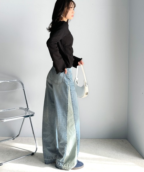 classicalelf（クラシカルエルフ）の「環境に優しいサステナブル素材。綿100％サイド切替ハイウエストワイドストレートデニムパンツ（デニムパンツ・レディース・オレンジ系その他/ブルー/ブラック・SMALL/MEDIUM/LARGE/X-LARGE）」の12枚目の写真