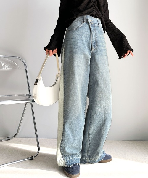 classicalelf（クラシカルエルフ）の「環境に優しいサステナブル素材。綿100％サイド切替ハイウエストワイドストレートデニムパンツ（デニムパンツ・レディース・オレンジ系その他/ブルー/ブラック・SMALL/MEDIUM/LARGE/X-LARGE）」の11枚目の写真