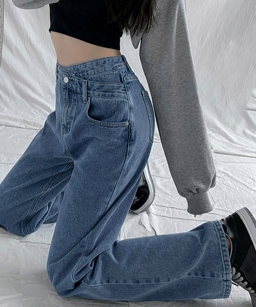 NinaetLina（ニナエリナ）の「ウエストレイヤード風ストレートデニム（デニムパンツ・レディース・ライトブルー/ブラック/ブルー・S/M/L/XL）」の7枚目の写真