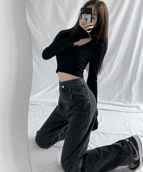 NinaetLina（ニナエリナ）の「ウエストレイヤード風ストレートデニム（デニムパンツ・レディース・ライトブルー/ブラック/ブルー・S/M/L/XL）」の13枚目の写真