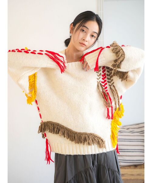 Ungrid（アングリッド）の「レースアップデザインルーズニット（ニット/セーター・レディース・チャコールグレー/オフホワイト/ブルー・FREE）」の4枚目の写真