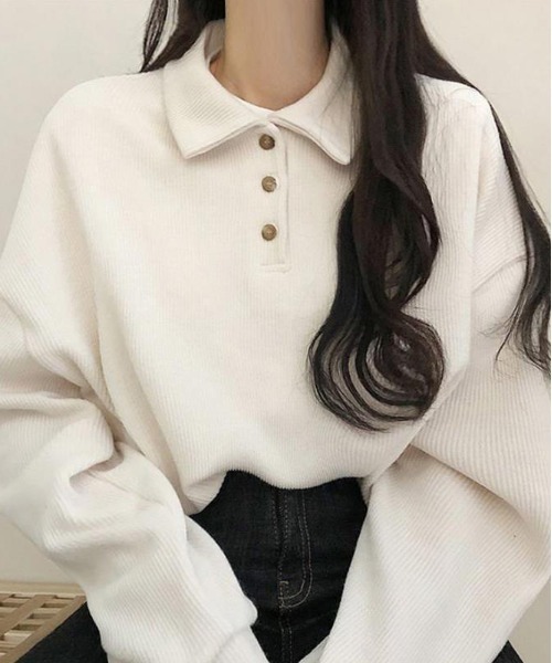 WEGO(ウィゴー)の「WEGO/ベーシックヘンリーネックポロシャツロングT(ポロシャツ・レディース・ブラック/ホワイト・MEDIUM/LARGE)」の1枚目の写真