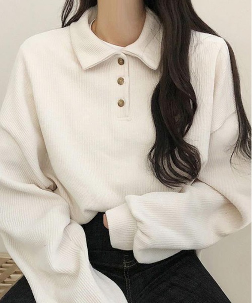 WEGO(ウィゴー)の「WEGO/ベーシックヘンリーネックポロシャツロングT(ポロシャツ・レディース・ブラック/ホワイト・MEDIUM/LARGE)」の4枚目の写真