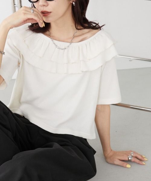 Auntie Rosa Holiday(アンティローザホリデー)の「サーマルフリルオフショルTEE(Tシャツ/カットソー・レディース・ナチュラル/ブラック・FREE)」の12枚目の写真
