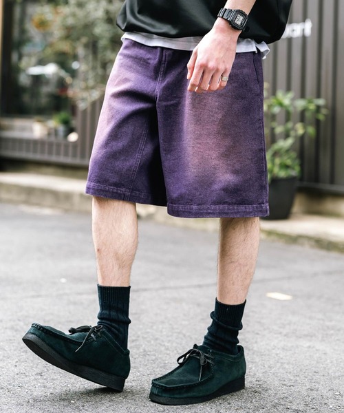 Rocky Monroe（ロッキーモンロー）の「ケミカルウォッシュ/オーバーダイ ワイドデニムショートパンツ（デニムパンツ・メンズ・ブラック/インディゴブルー/パープル/ライトブラック/ケミカルウォッシュ/ブラウン・M/L/XL）」の6枚目の写真
