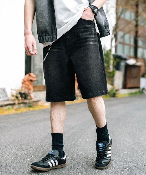 Rocky Monroe（ロッキーモンロー）の「ケミカルウォッシュ/オーバーダイ ワイドデニムショートパンツ（デニムパンツ・メンズ・ブラック/インディゴブルー/パープル/ライトブラック/ケミカルウォッシュ/ブラウン・M/L/XL）」の14枚目の写真