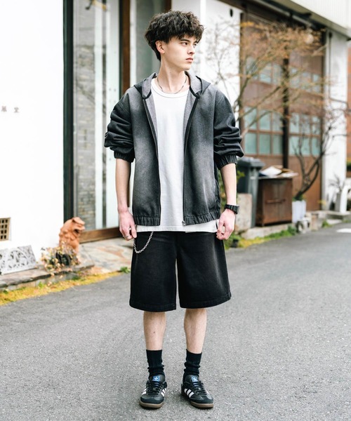 Rocky Monroe（ロッキーモンロー）の「ケミカルウォッシュ/オーバーダイ ワイドデニムショートパンツ（デニムパンツ・メンズ・ブラック/インディゴブルー/パープル/ライトブラック/ケミカルウォッシュ/ブラウン・M/L/XL）」の11枚目の写真