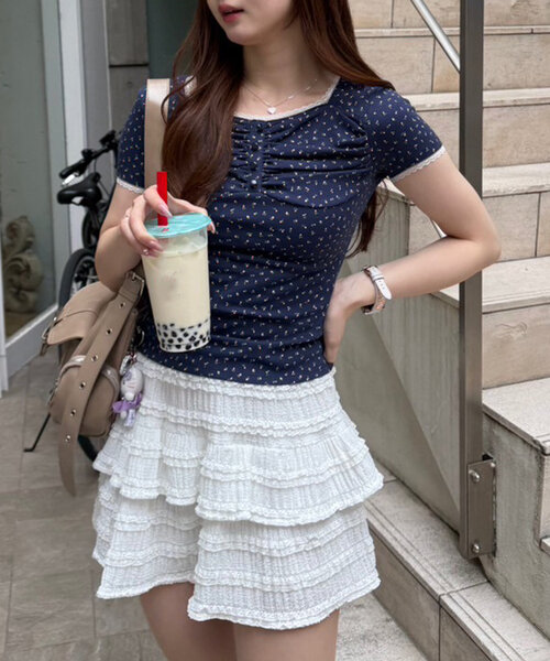 continuer de NICE CLAUP（コンティニューデナイスクラップ）の「【@re.__mi23セレクト】小花レーストップス（Tシャツ/カットソー・レディース・オフホワイト/ピンク/ネイビー・FREE）」の19枚目の写真