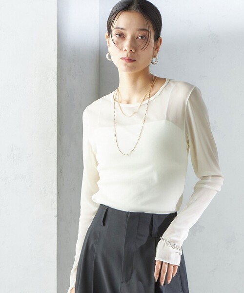 SHIPS(シップス)の「〈手洗い可能〉ストレッチ チュール ロング スリーブ TEE(Tシャツ/カットソー・レディース・ブラック/オフホワイト・ONE SIZE)」の2枚目の写真