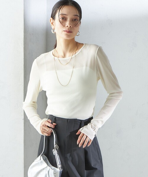 SHIPS(シップス)の「〈手洗い可能〉ストレッチ チュール ロング スリーブ TEE(Tシャツ/カットソー・レディース・ブラック/オフホワイト・ONE SIZE)」の12枚目の写真