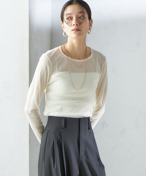 SHIPS(シップス)の「〈手洗い可能〉ストレッチ チュール ロング スリーブ TEE(Tシャツ/カットソー・レディース・ブラック/オフホワイト・ONE SIZE)」の16枚目の写真