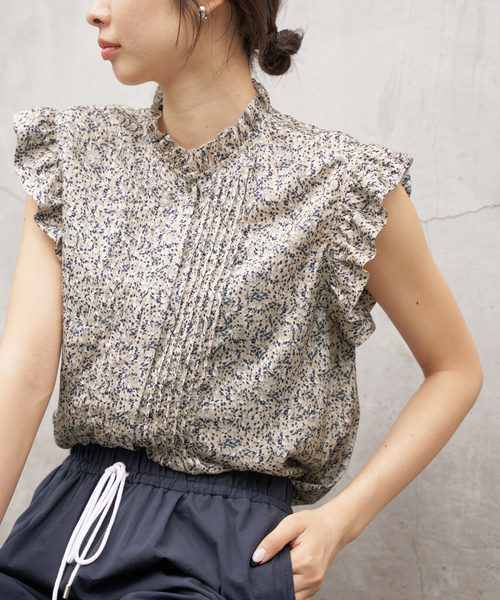 IENA ミュゲットパターンピンタックフリルノースリーブ WEB限定/追加》ミュゲットパターンピンタックフリルノースリーブ