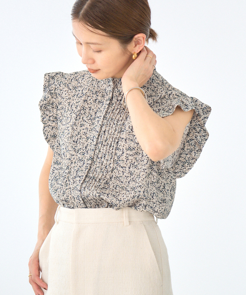 2025SS ミュゲットパターンピンタック フリルノースリーブ IENA ブラウス シャツ 「WEB限定/追加」ミュゲットパターン