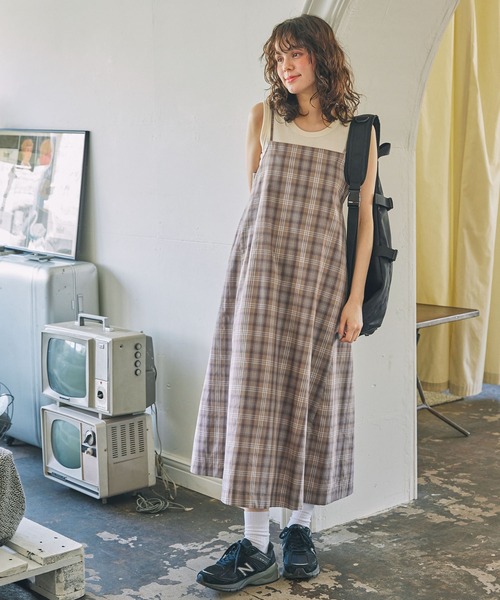 ハンドメイド　モノトーンリボンチェック柄　ドビー織り　バルーンキャミ　ワンピース ヴィンテージライク チェック柄 バックリボン キャミワンピース MONO