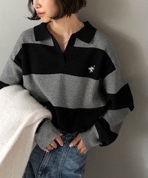《JaVaジャバコラボ》大人の抜け感をプラス◎胸刺繍ハーフミラノスキッパーニット
