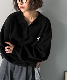 《JaVaジャバコラボ》大人の抜け感をプラス◎胸刺繍ハーフミラノスキッパーニット