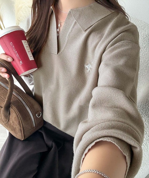 Java(ジャバ)の「《JaVaジャバコラボ》大人の抜け感をプラス◎胸刺繍ハーフミラノスキッパーニット(ニット/セーター・レディース・杢グレー/ネイビー系/グレー系その他/アイボリー/ブラック/グレイッシュベージュ・LARGE/MEDIUM/SMALL/X-LARGE)」の9枚目の写真