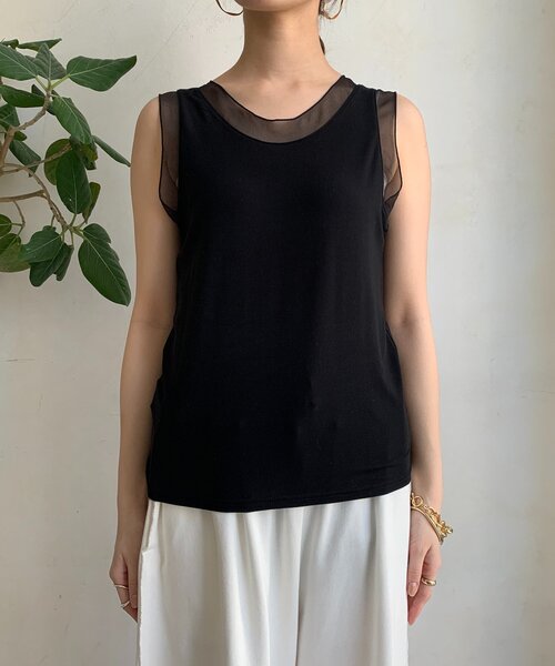 DouDou(ドゥドゥ)の「【WEB限定】シアー切替前後2WAYタンク(Tシャツ/カットソー・レディース・アイボリー/ブラック・FREE)」の4枚目の写真