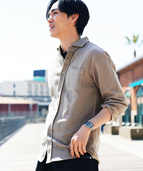 jiggys shop(ジギーズショップ)の「ストレッチ コットン 7分袖 パナマシャツ(シャツ/ブラウス・メンズ・ベージュ/グレー/ライトブルー/グレー系その他/チャコールグレー/ホワイト/ネイビー・SMALL/LARGE/MEDIUM/X-LARGE)」の1枚目の写真