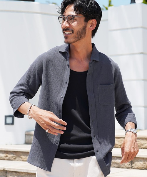 jiggys shop(ジギーズショップ)の「ストレッチ コットン 7分袖 パナマシャツ(シャツ/ブラウス・メンズ・ベージュ/グレー/ライトブルー/グレー系その他/チャコールグレー/ホワイト/ネイビー・SMALL/LARGE/MEDIUM/X-LARGE)」の3枚目の写真