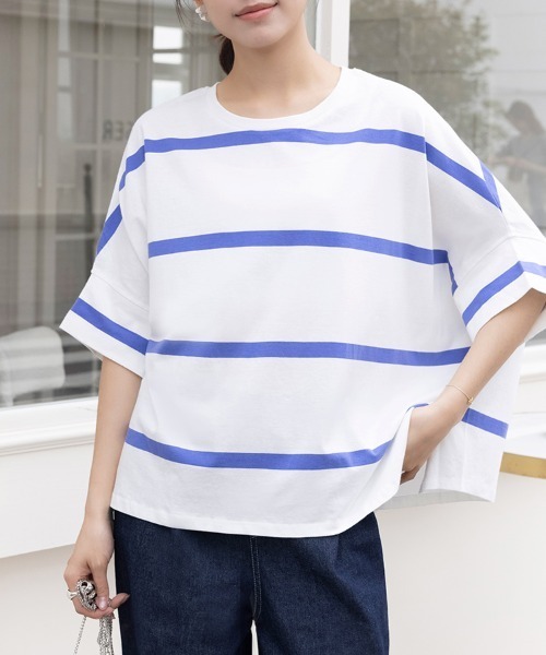 ONEP STAR(ワンピスター)の「ボーダー柄クルーネックカットソー(Tシャツ/カットソー・レディース・ブラック×ホワイト/ホワイト×ブラック/グレー×ホワイト/ホワイト×ブルー・MEDIUM)」の2枚目の写真
