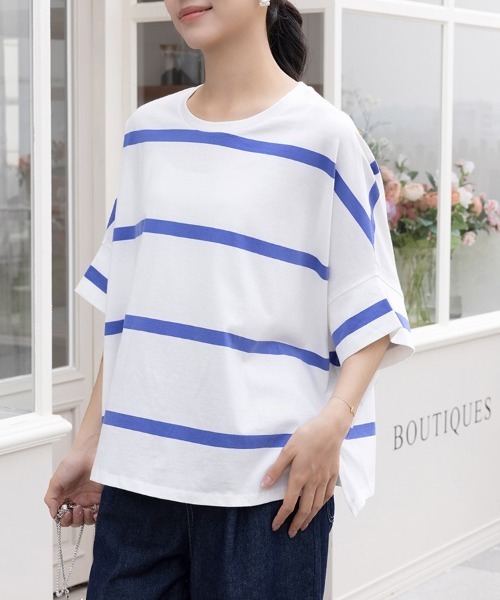 ONEP STAR(ワンピスター)の「ボーダー柄クルーネックカットソー(Tシャツ/カットソー・レディース・ブラック×ホワイト/ホワイト×ブラック/グレー×ホワイト/ホワイト×ブルー・MEDIUM)」の17枚目の写真