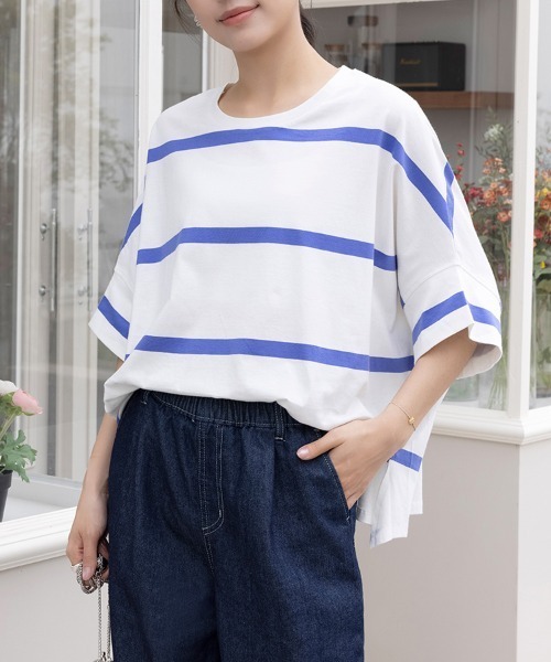 ONEP STAR(ワンピスター)の「ボーダー柄クルーネックカットソー(Tシャツ/カットソー・レディース・ブラック×ホワイト/ホワイト×ブラック/グレー×ホワイト/ホワイト×ブルー・MEDIUM)」の14枚目の写真