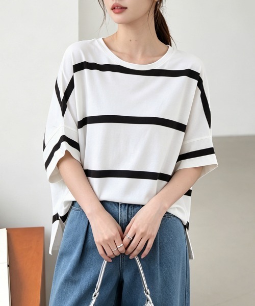 ONEP STAR(ワンピスター)の「ボーダー柄クルーネックカットソー(Tシャツ/カットソー・レディース・ブラック×ホワイト/ホワイト×ブラック/グレー×ホワイト/ホワイト×ブルー・MEDIUM)」の18枚目の写真