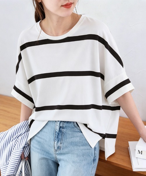 ONEP STAR(ワンピスター)の「ボーダー柄クルーネックカットソー(Tシャツ/カットソー・レディース・ブラック×ホワイト/ホワイト×ブラック/グレー×ホワイト/ホワイト×ブルー・MEDIUM)」の20枚目の写真