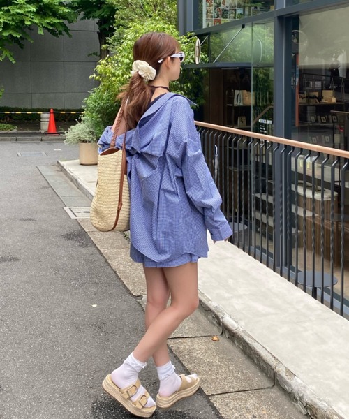 RAY CASSIN（レイカズン）の「【セットアップ/3点セット】ルーズチェックシャツフリルキャミSET（シャツ/ブラウス・レディース・ネイビー/ピンク系その他2/ブルー系その他2・FREE）」の7枚目の写真