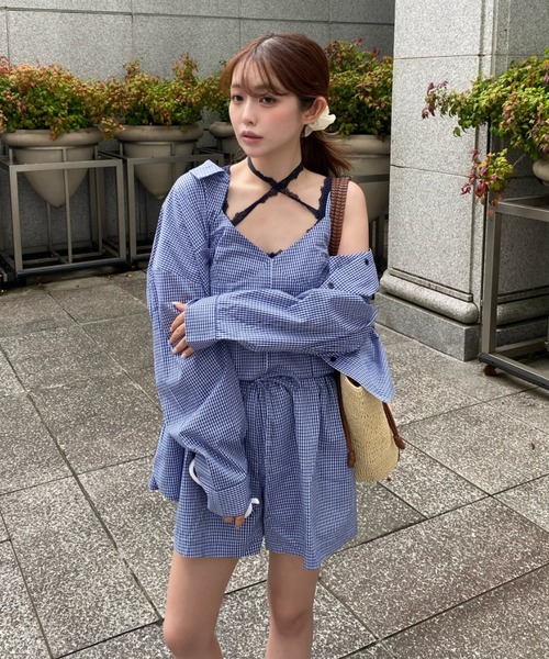 RAY CASSIN（レイカズン）の「【セットアップ/3点セット】ルーズチェックシャツフリルキャミSET（シャツ/ブラウス・レディース・ネイビー/ピンク系その他2/ブルー系その他2・FREE）」の11枚目の写真